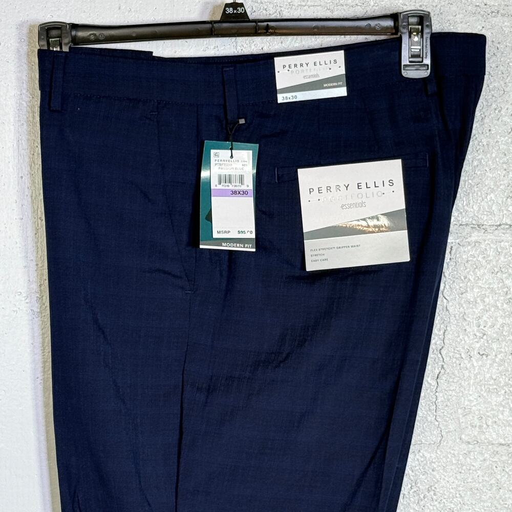 Perry Ellis Portfolio Men's Modern-Fit Stretch Pants Blue Tonal Plaid 38x30 $95